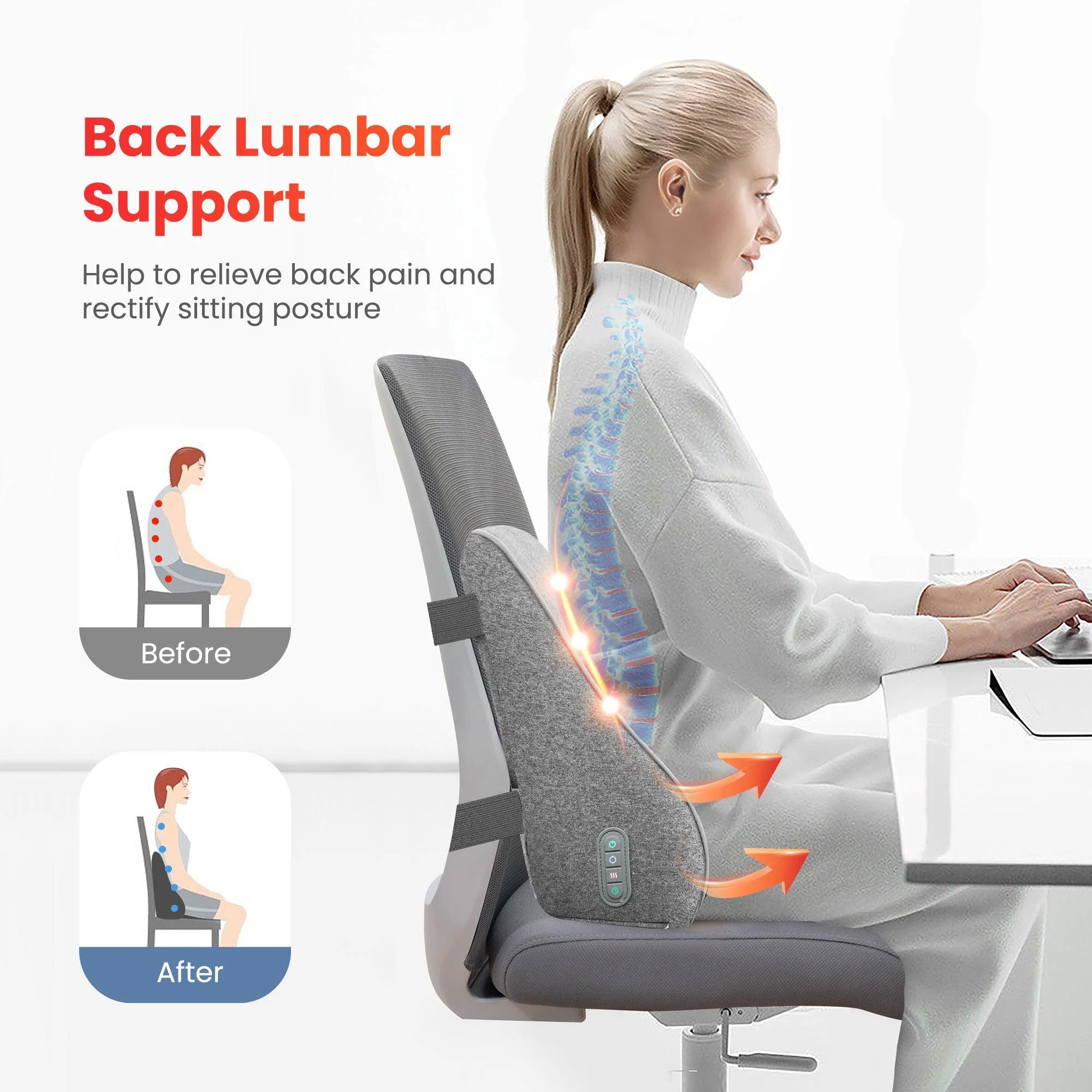 Memory Foam Back Lumbar Support Pillow with 4 Shiatsu Massage Heads - 1503S - Image 5