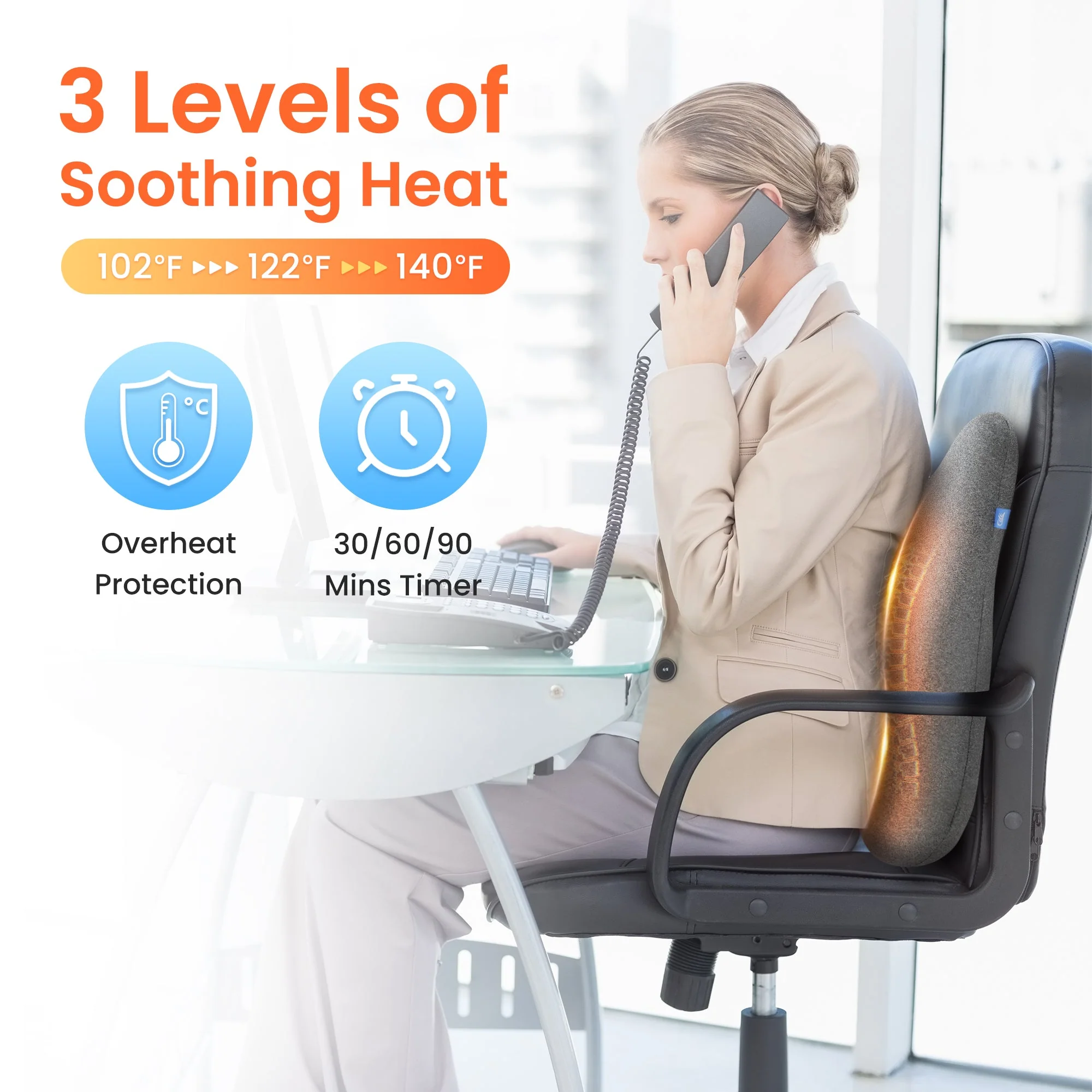 Memory Foam Heated Lumbar Support Pillow with Vibration - 1307 - Image 3