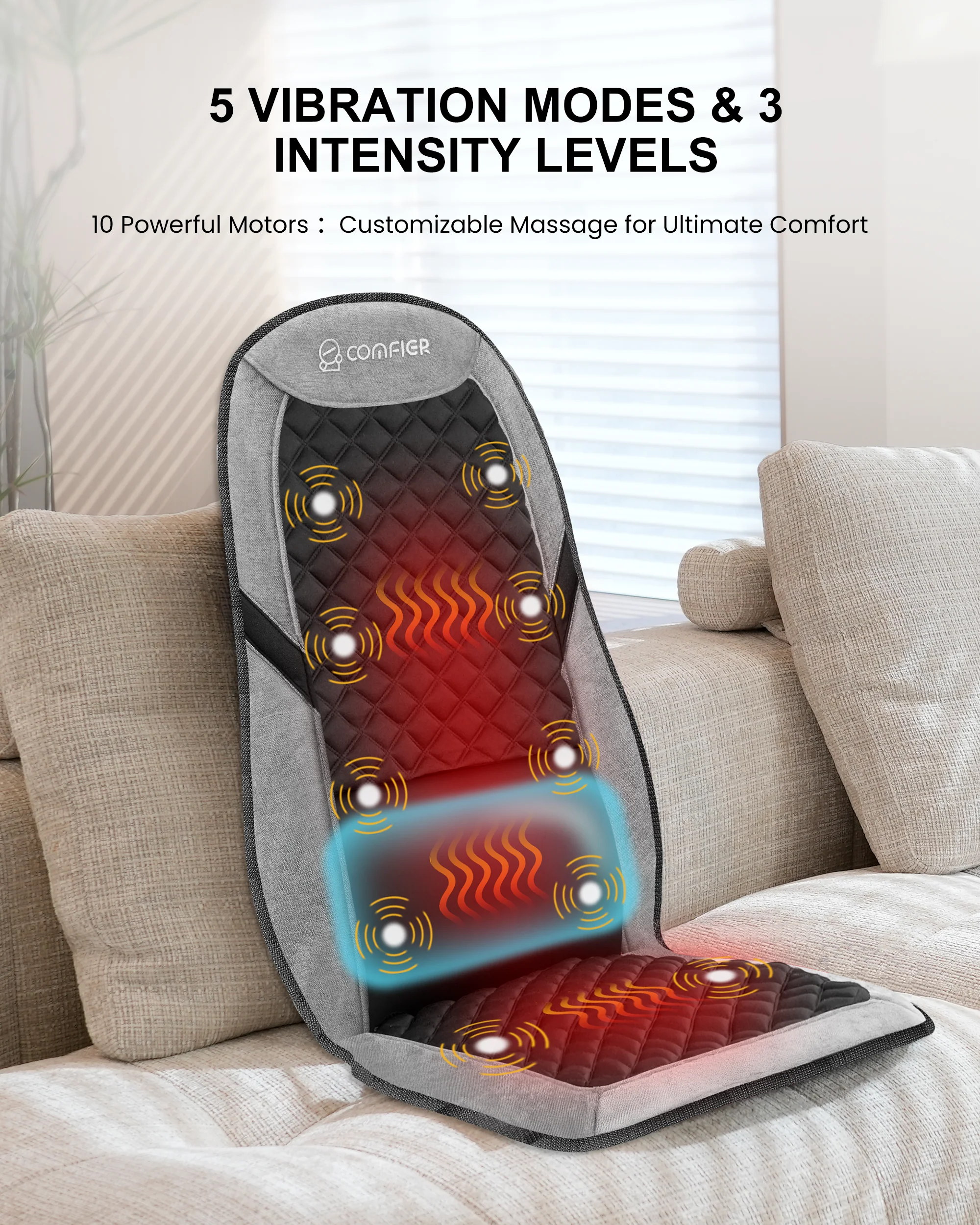 Massage Seat Cushion with 10 Vibration Motors & Adjustable Lumbar Support - 2421 - Image 5
