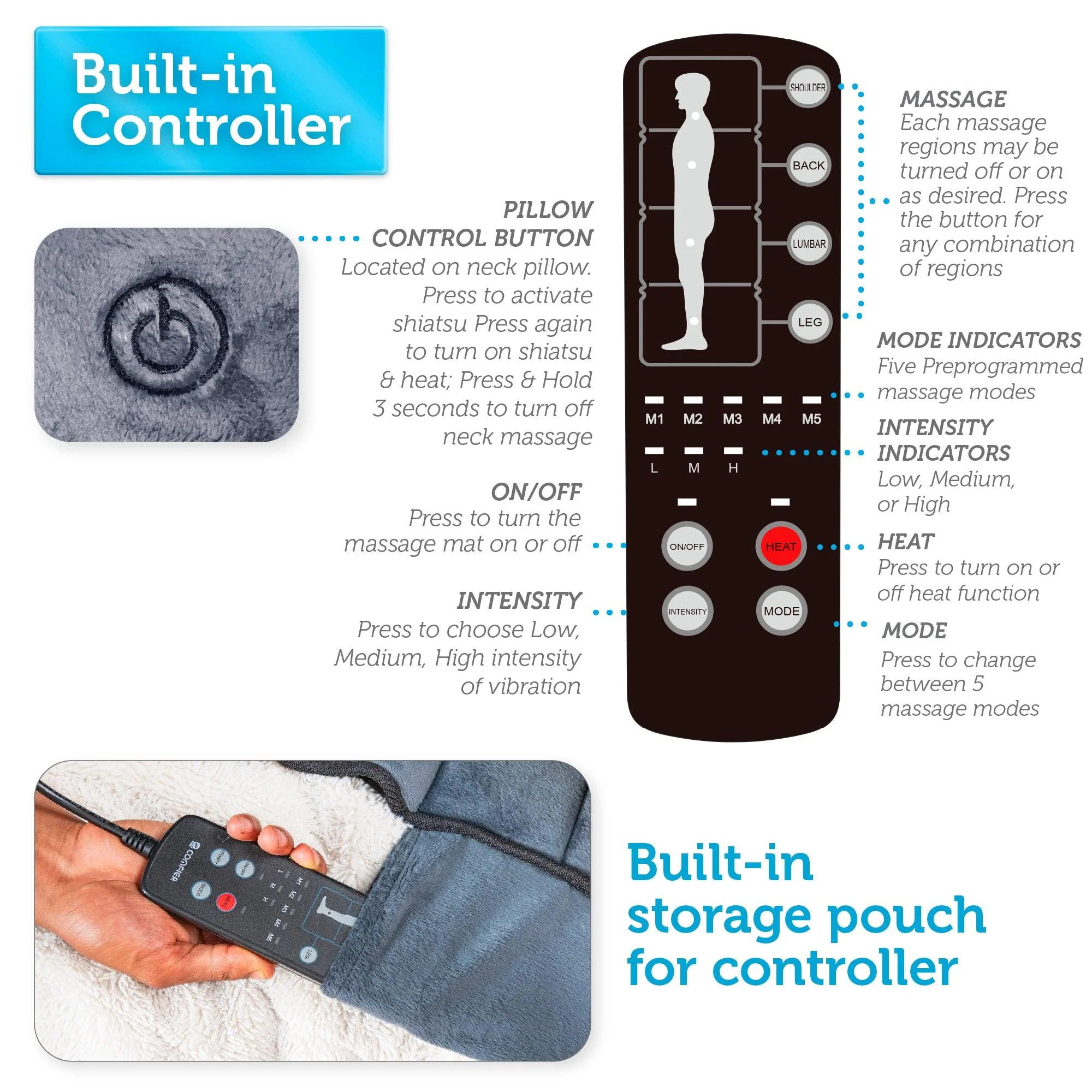 Heated Massage Pad with Movable Shiatsu Neck Massage Pillow - 3603U - Image 6
