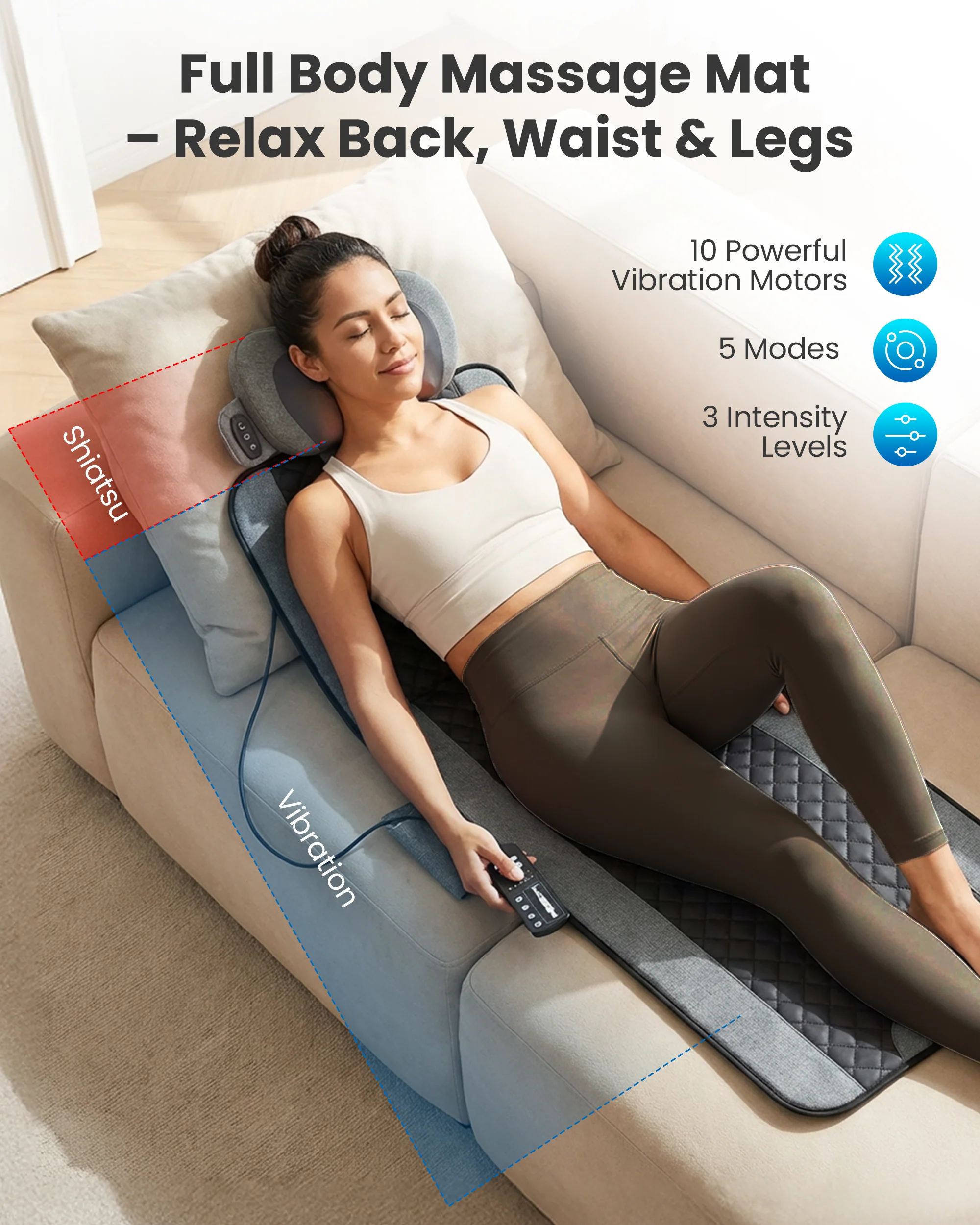 10-Motor Vibration Massage Mat with Detachable Shiatsu Neck Pillow - 3408 - Image 2